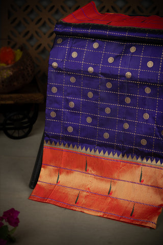 Paithani Silk Checks And Buttis Navy Blue Saree