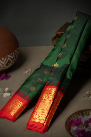 Gadwal Silk Buttis Bottle Green Saree