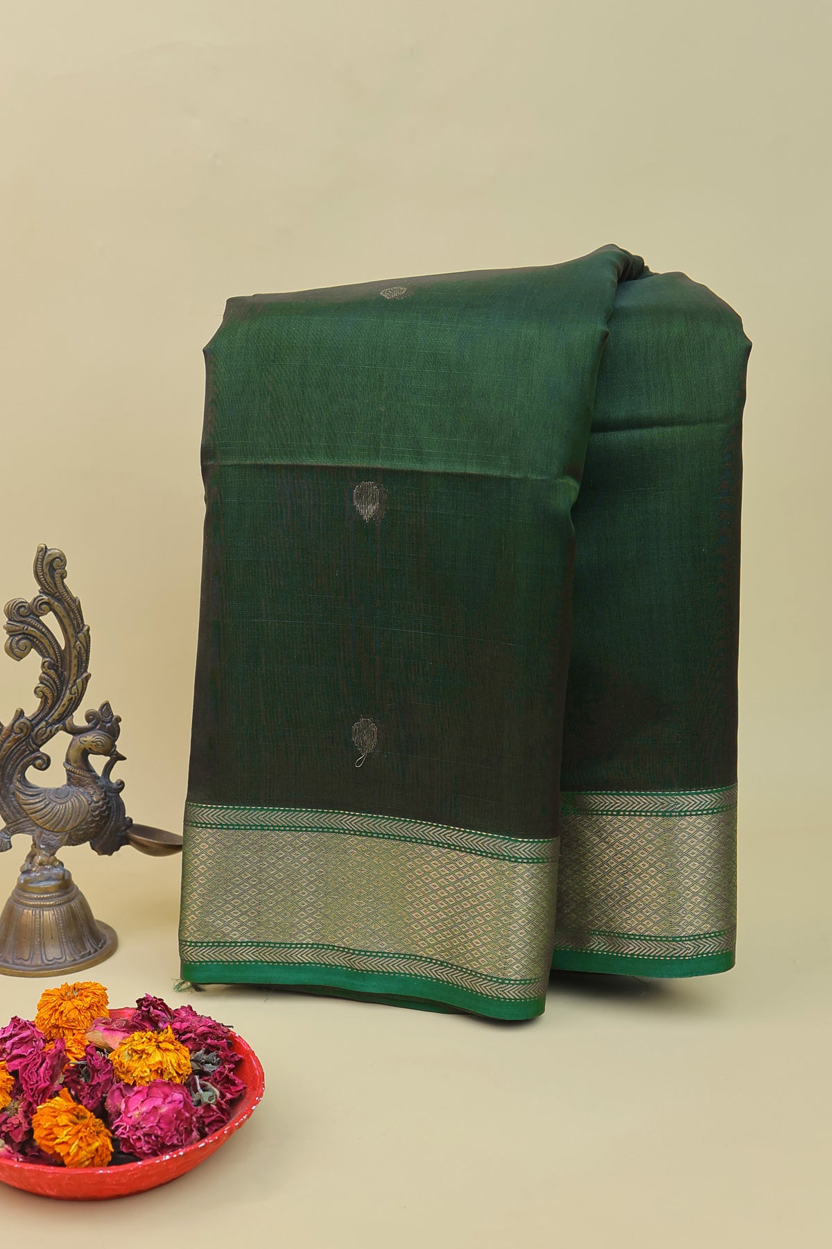 Chanderi Sico Dark Green Saree