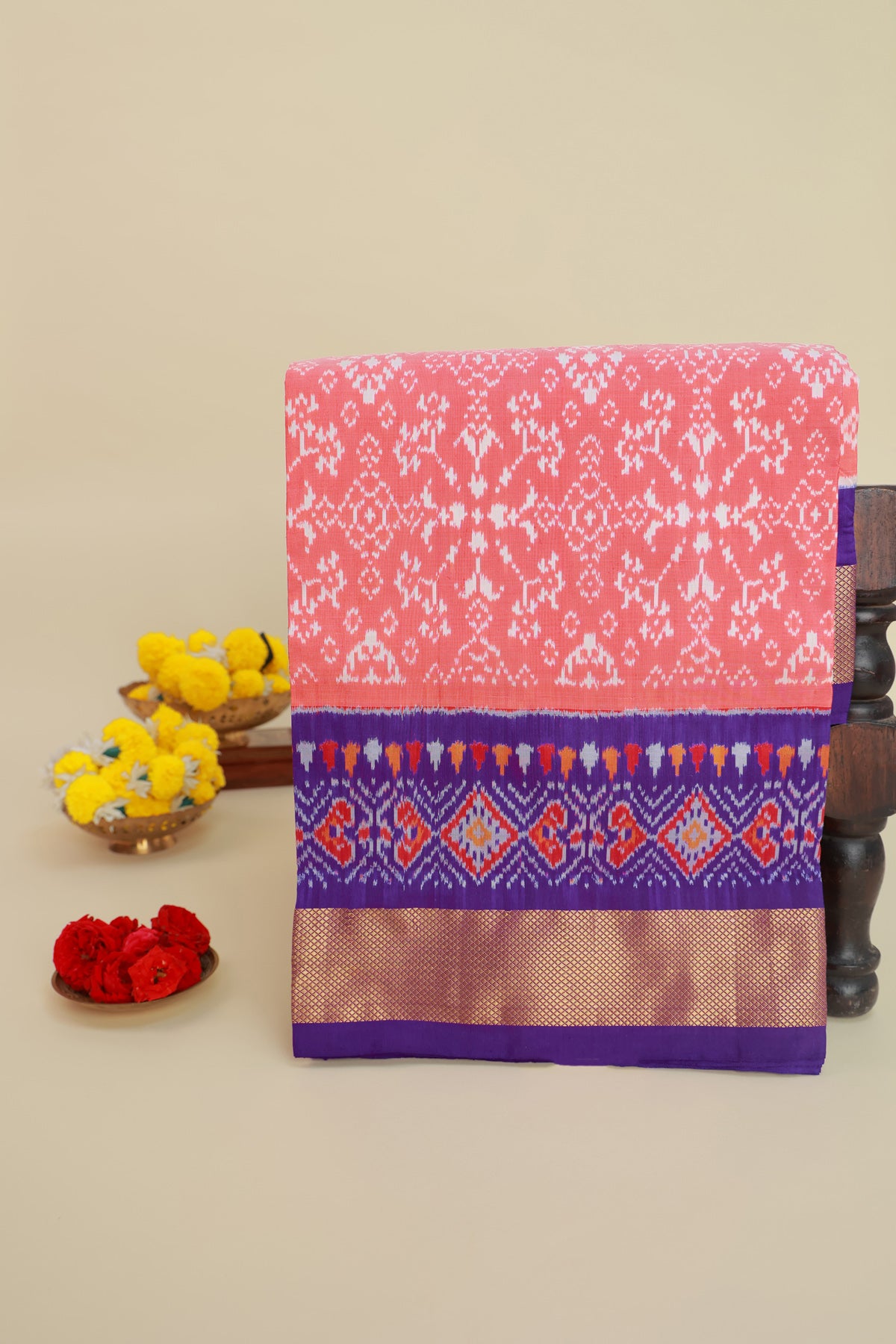 Ikat Silk Peach Saree