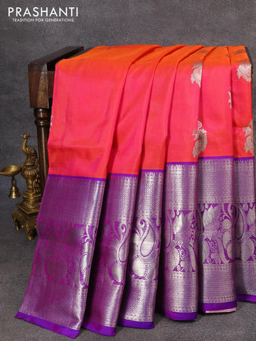 Venkatagiri silk saree dual shade of pinkish orange and blue with silver zari woven buttas and long rich zari woven border