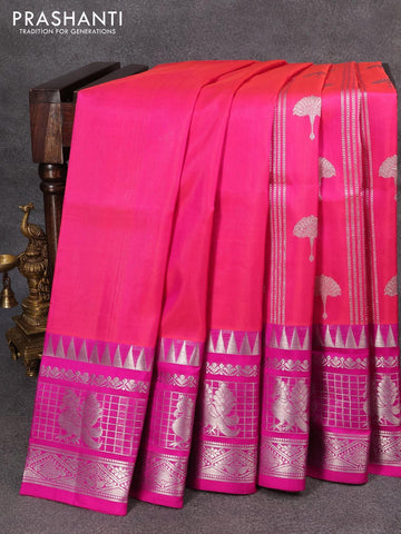 Venkatagiri silk saree dual shade of pinkish orange and pink with allover silver zari weaves and long rich silver zari woven border