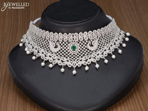 Zircon choker peacock design emerald and cz stones with pearl hangings