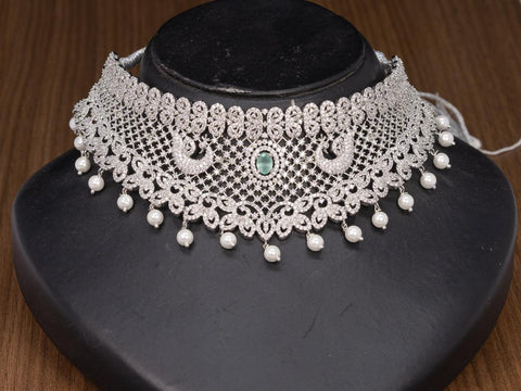 Zircon choker peacock design mint green and cz stones with pearl hangings