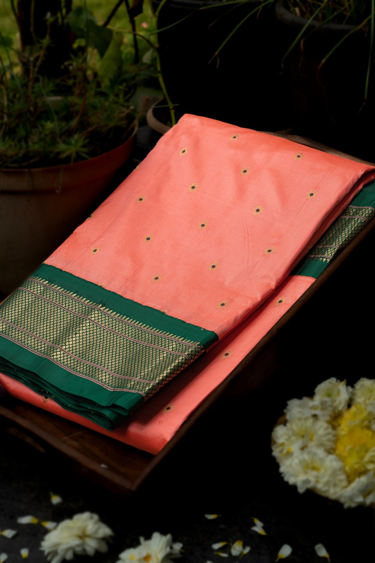 Mandir Peach & Green Paithani Buttis Saree