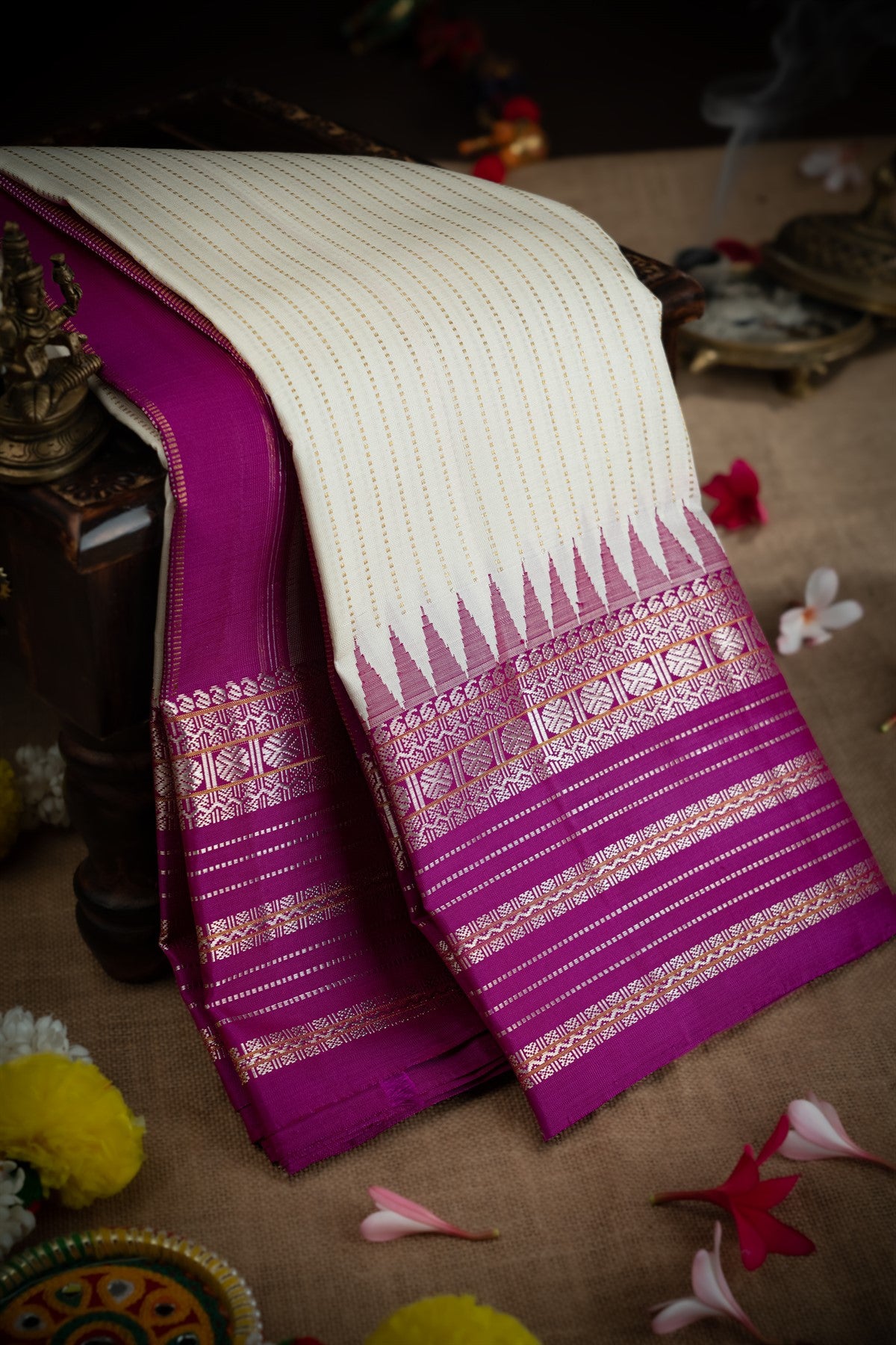 Varamahalakshmi Off White & Magenta Kancheepuram Lines Saree