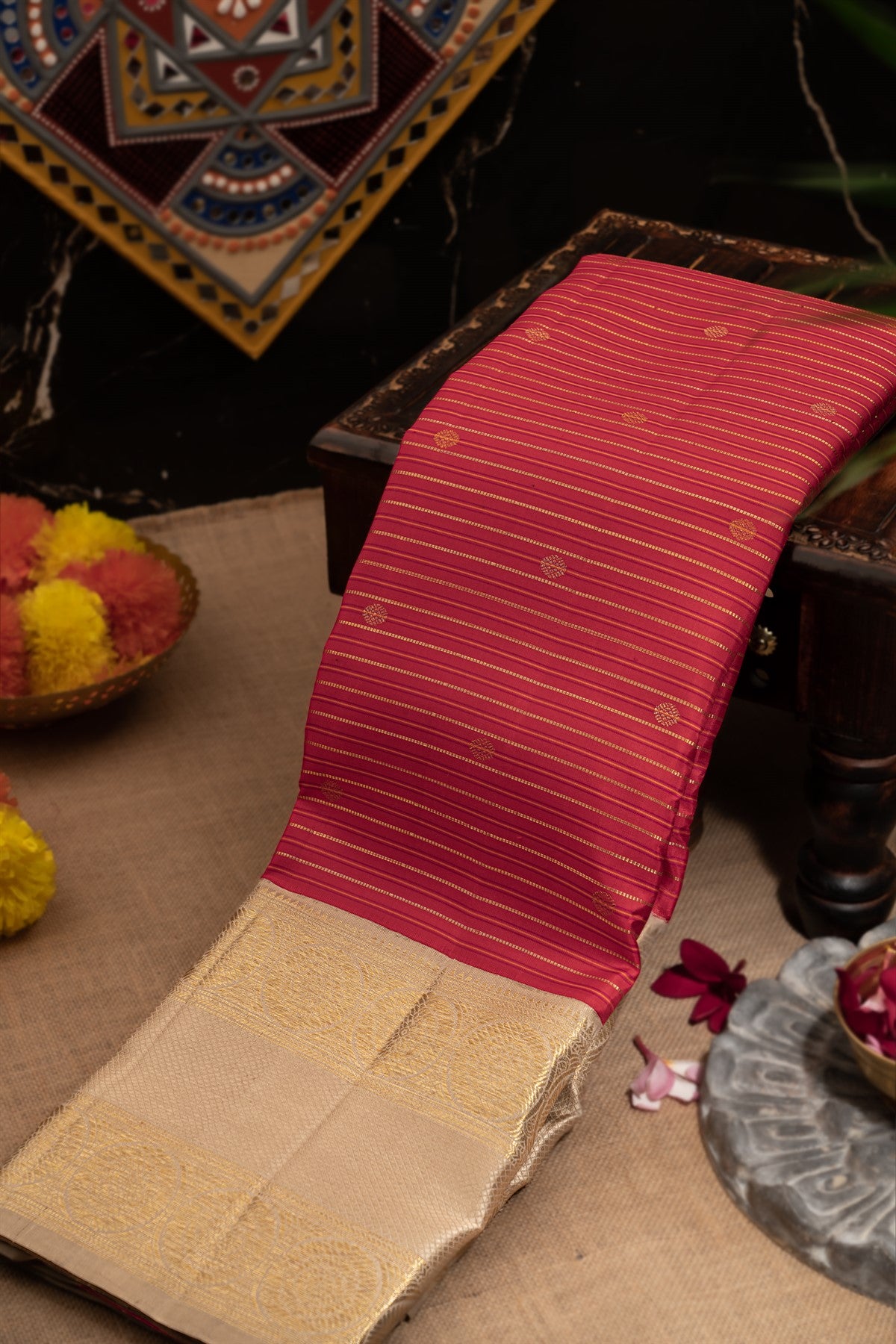 Varamahalakshmi Maroon & Cream Kancheepuram Lines Saree