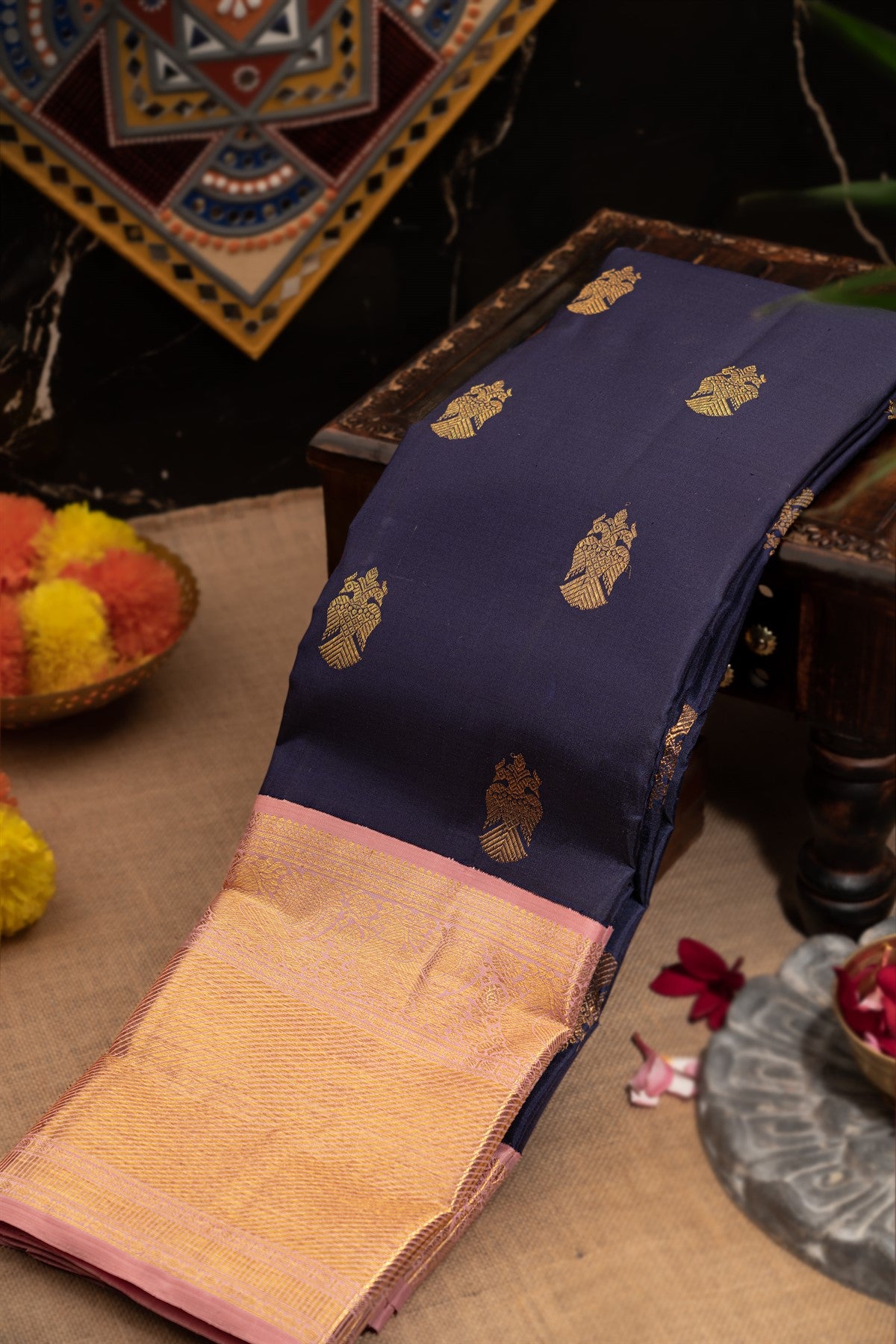 Varamahalakshmi Navy Blue & Salmon Pink Kancheepuram Buttis Saree