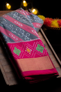 Varamahalakshmi Grey & Rust Ikat Floral Jaal Saree