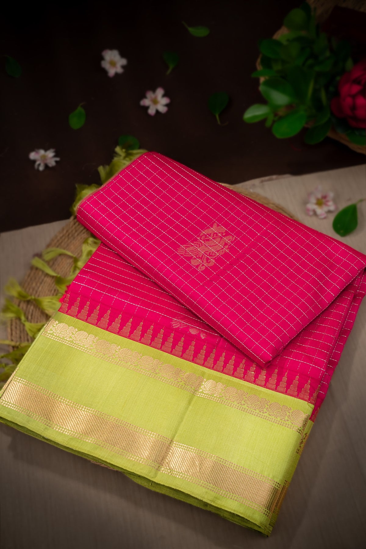 Mandir Rani Pink & Pista Green Kuppadam Checks And Buttis Saree