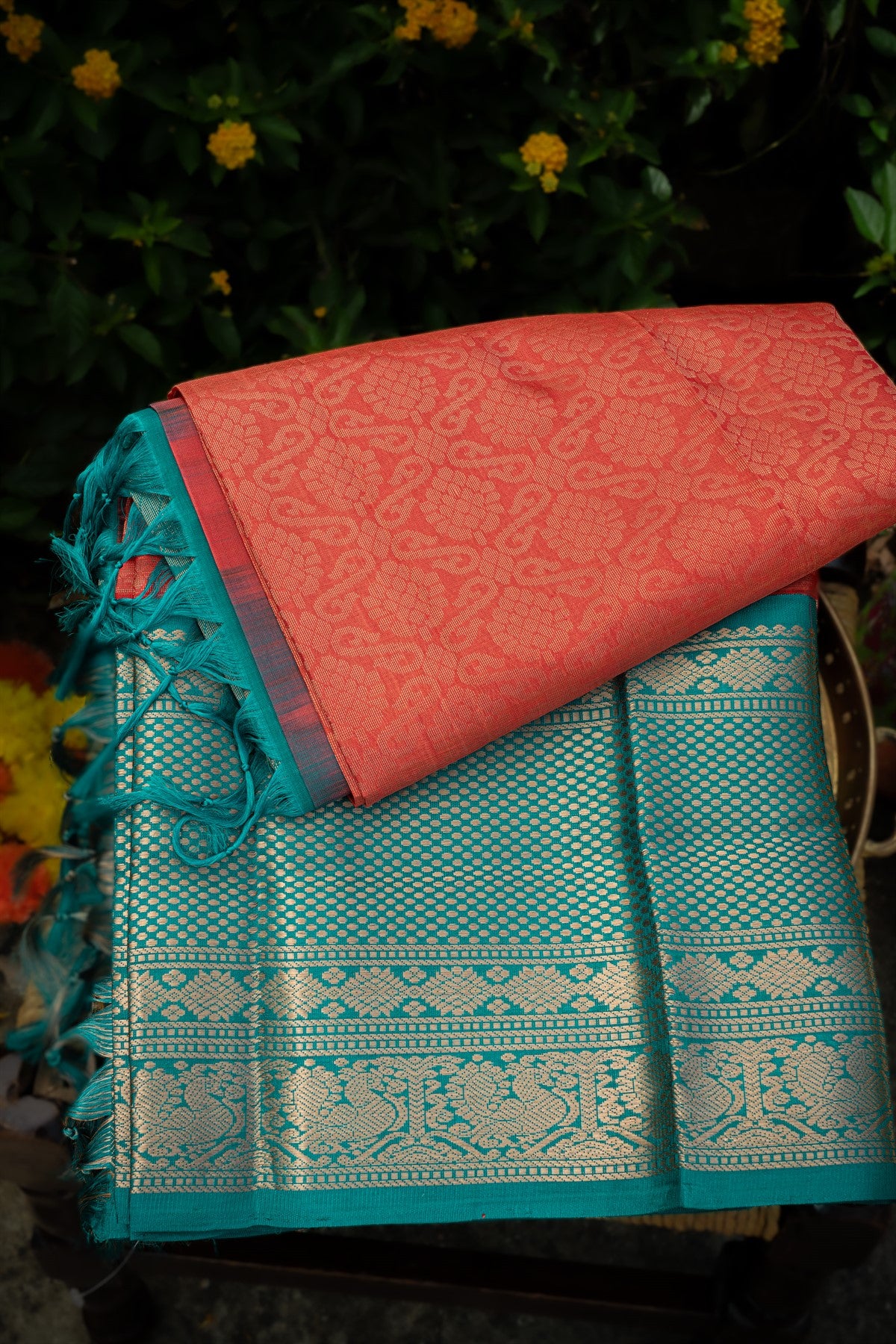 Varamahalakshmi Peach Orange & Teal Green Kuppadam Jaal Saree