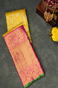 Mandir Yellow & Pink Kanchipuram Jaal Saree