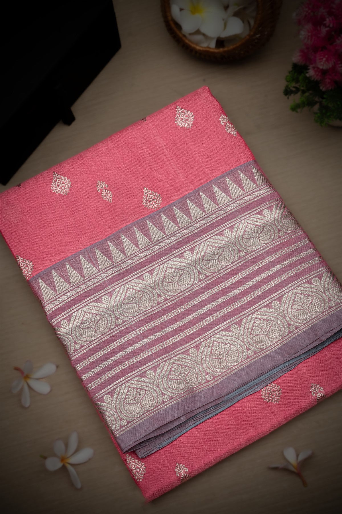 Mandir Light Pink & Silver Venkatagiri Buttis Saree