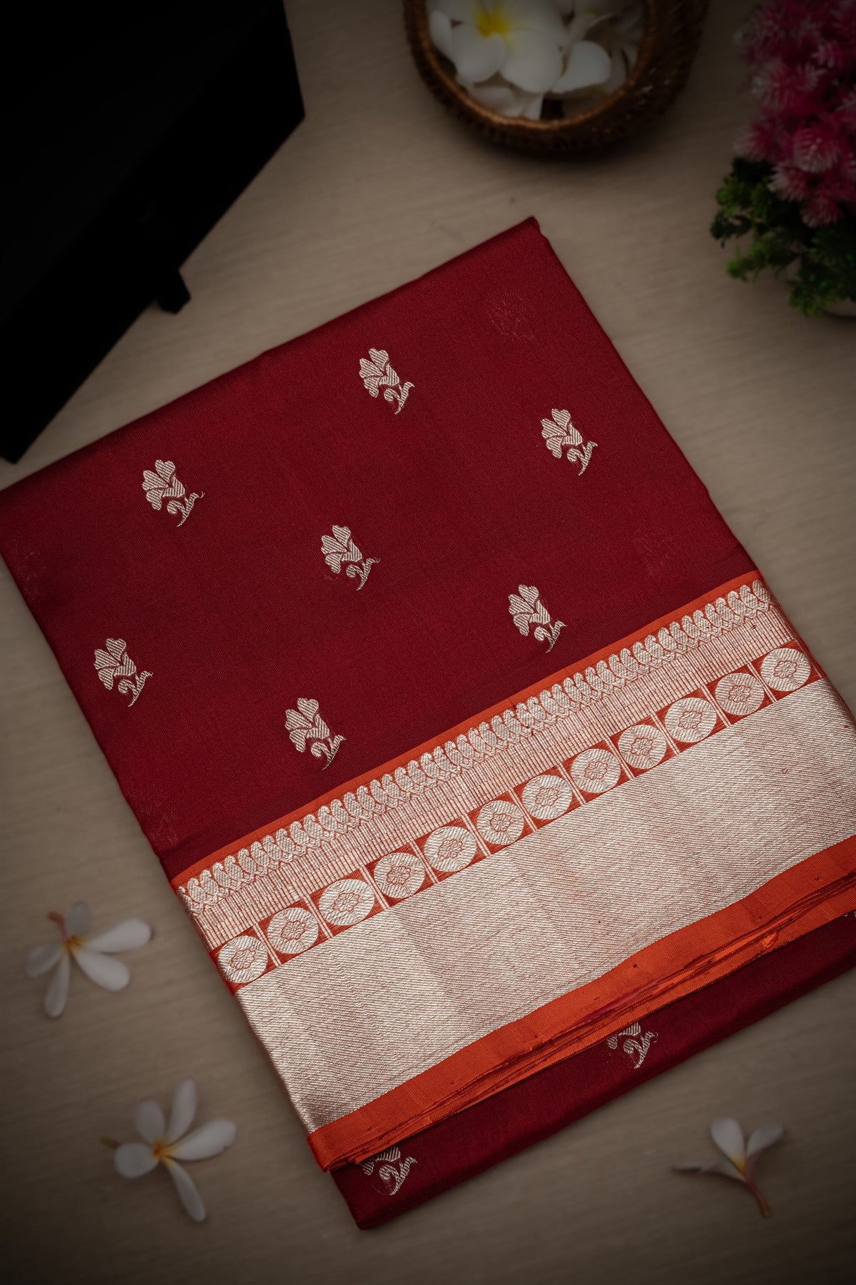 Mandir Maroon & Silver Venkatagiri Buttis Saree