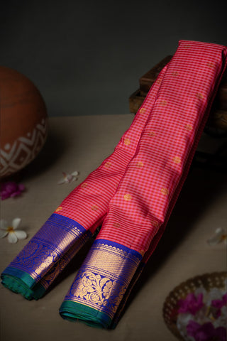 Varamahalakshmi Red and Pink & Royal Blue Gadwal Checks And Buttis Saree