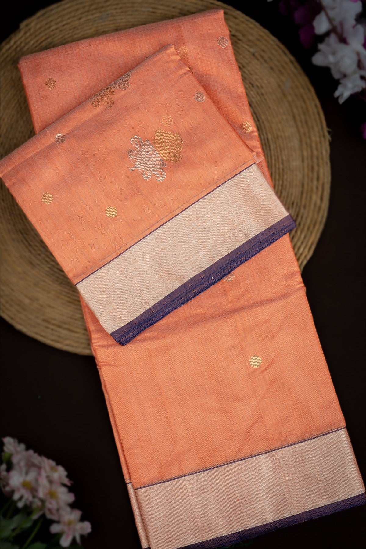 Mandir Peach & Purple Chanderi Motifs Saree