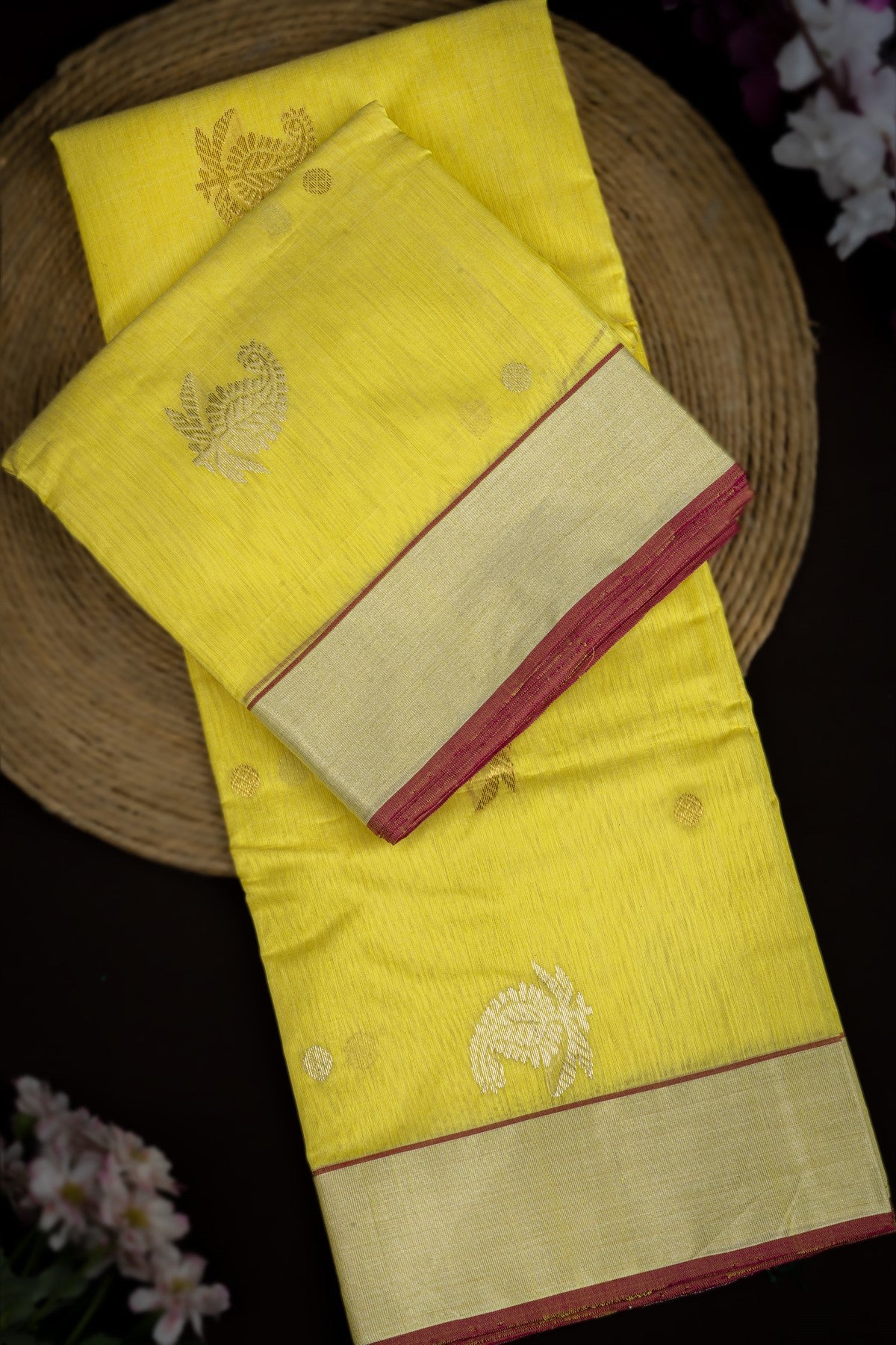 Mandir Lime Yellow & Magenta Chanderi Buttis Saree