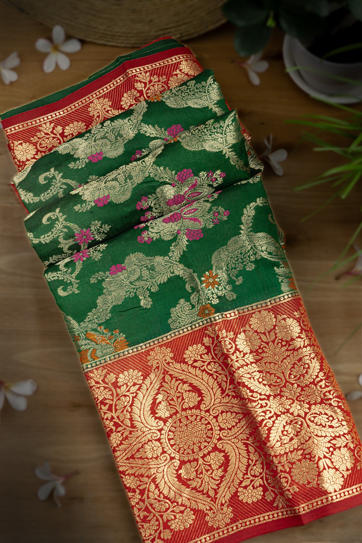 Mandir Bottle Green & Red Fancy Floral Jaal Saree